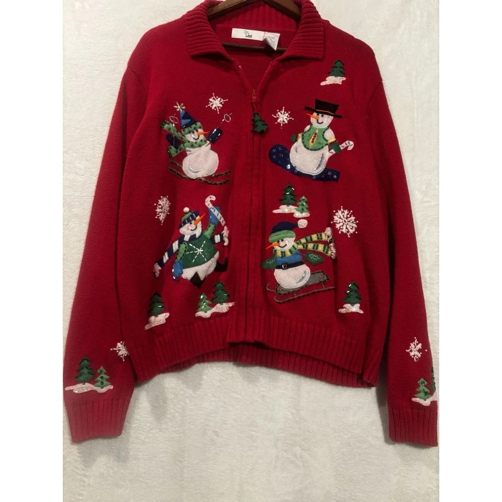 VTG Ms. Lee Winter XL Sweater Women's Cardigan Snowmen Embroidered Full Zip